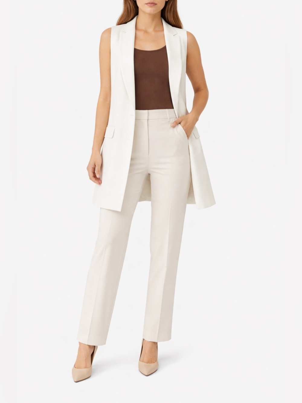 Massimo Dutti Ivory Sleeveless Long Blazer Vest